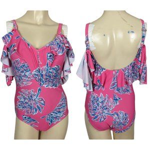 Nicole‎ Miller One piece Leaves print pink blue cold shoulder ruffled Swimsuit S